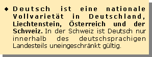 Textfeld: Deutsch ist eine nationale Vollvariett in Deutschland, Liechtenstein, sterreich und der Schweiz. In der Schweiz ist Deutsch nur innerhalb des deutschsprachigen Landesteils uneingeschrnkt gltig.